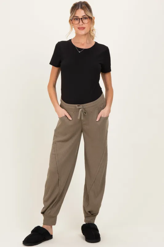 Olive Waffle Knit Raw Seam Maternity Joggers sold by Pinkblush