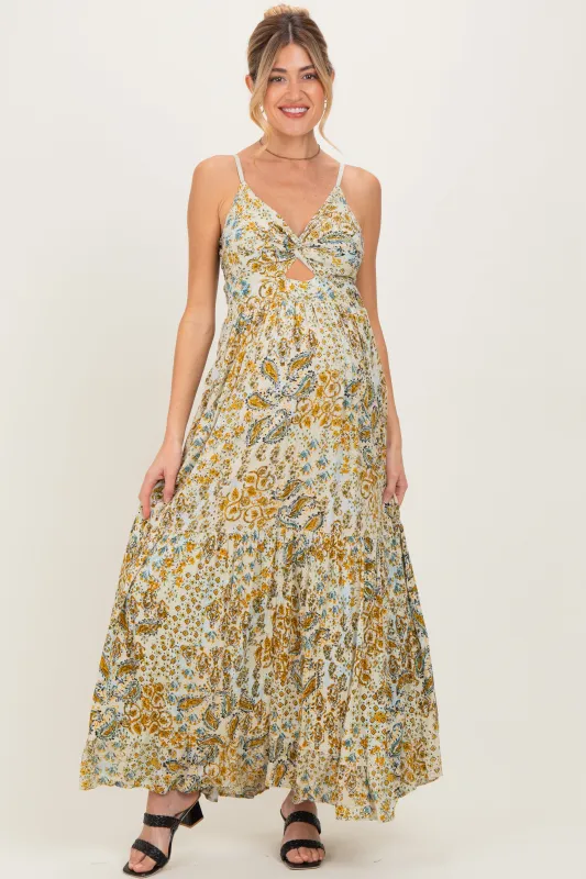 Beige Paisley Floral Twisted Front Maternity Maxi Dress sold by Pinkblush