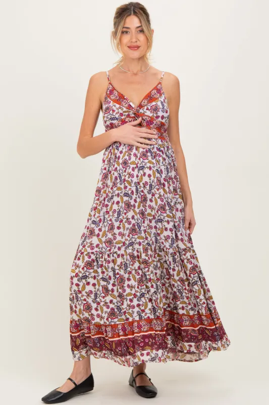 Cream Floral Twist Front Cutout Maternity Maxi Dress sold by Pinkblush