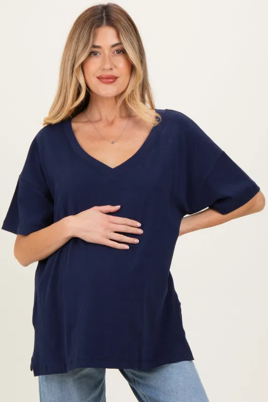 Navy Oversized Reversible V-Neck Maternity Tee sold by Pinkblush
