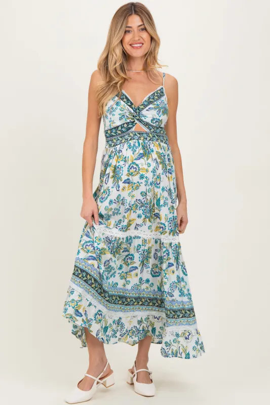 Ivory Floral Twisted Front Lace Detail Maternity Maxi Dress sold by Pinkblush