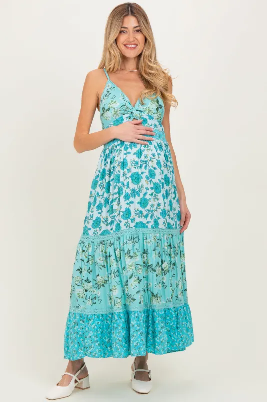 Aqua Multi Floral Print Twist Front Cutout Maternity Maxi Dress sold by Pinkblush