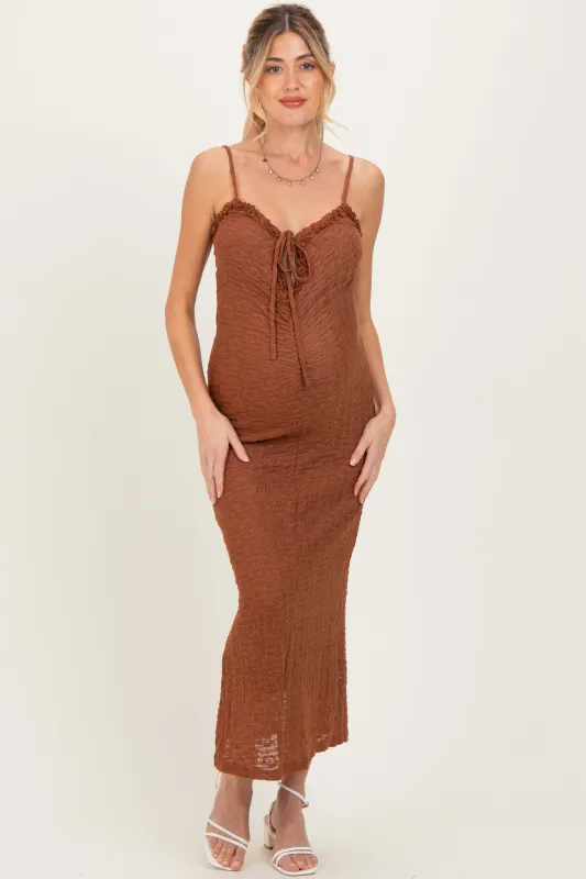 Brown Lace Cutout Tie Front Maternity Maxi Dress sold by Pinkblush
