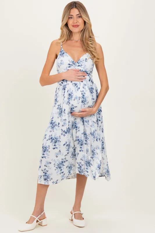 White Blue Floral Twisted Front Maternity Midi Dress sold by Pinkblush