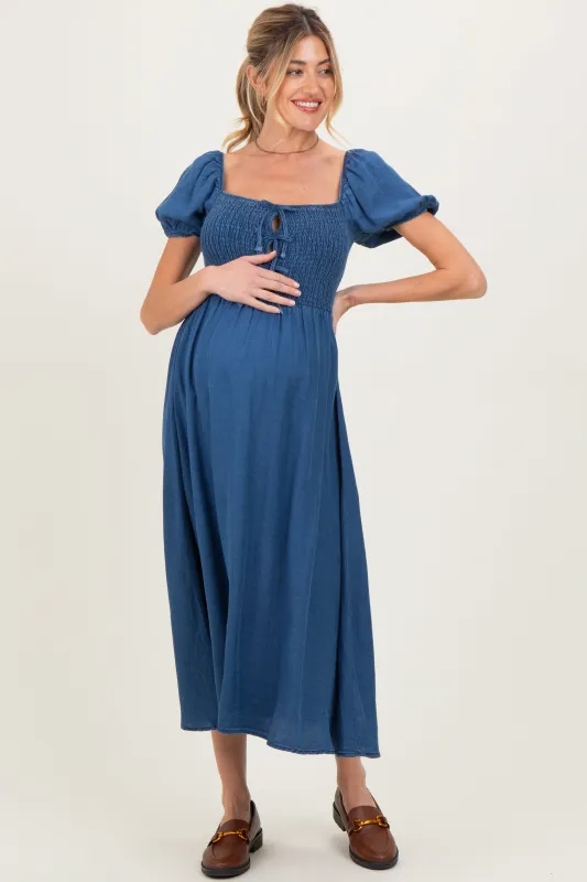 Navy Chambray Smocked Front Tie Maternity Midi Dress made by Pinkblush