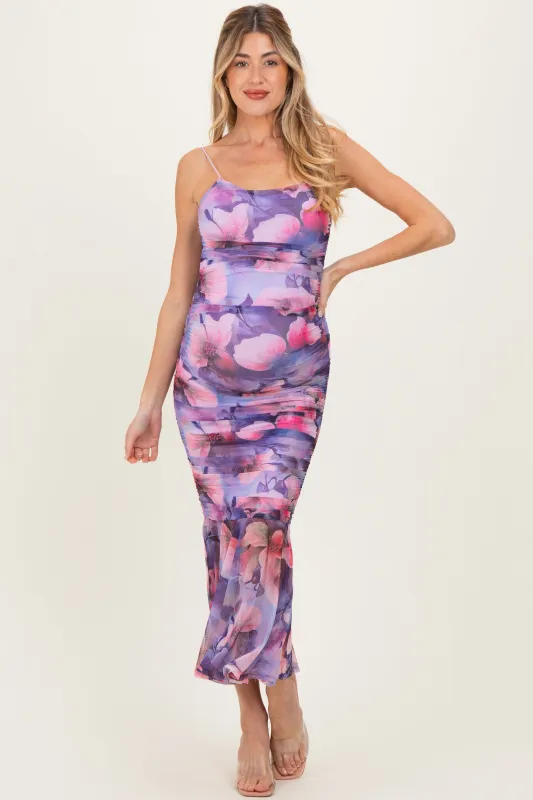 Purple Floral Ruched Fitted Maternity Midi Dress made by Pinkblush