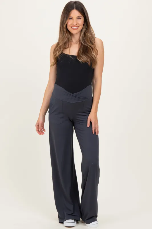 Charcoal Crossover Waist Active Wide Leg Maternity Pant made by Rae Mode