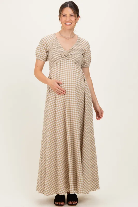 Beige Smocked Gingham Maternity Maxi Dress sold by Pinkblush