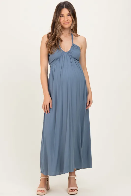Dusty Blue Halter Neck Side Slit Maternity Midi Dress sold by Pinkblush