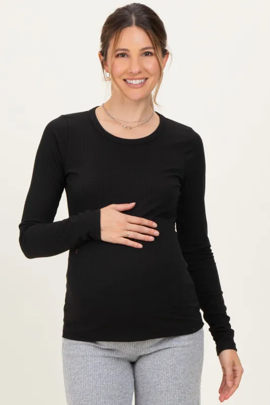 Black Solid Ribbed Long Sleeve Round Neck Maternity Tunic Top sold by Pinkblush
