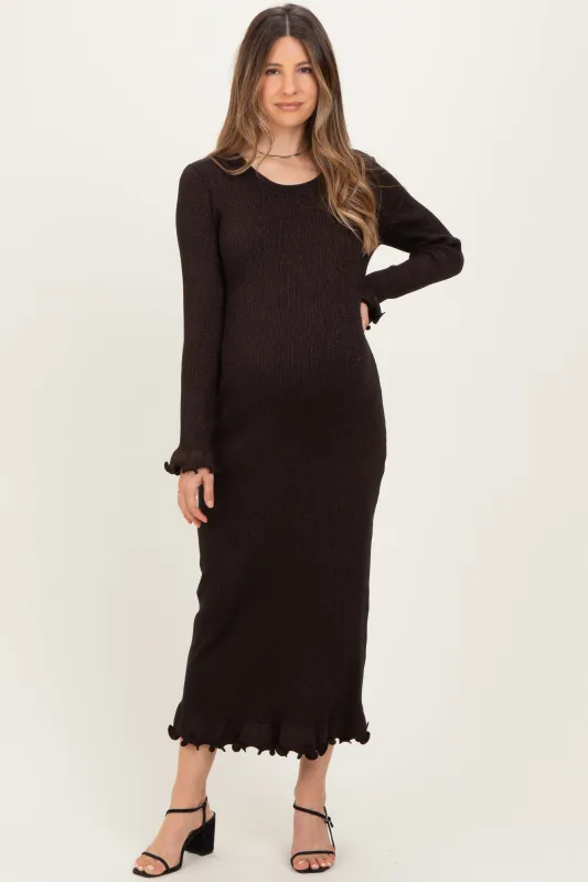 Black Shimmer Lettuce Edge Maternity Midi Dress sold by Pinkblush
