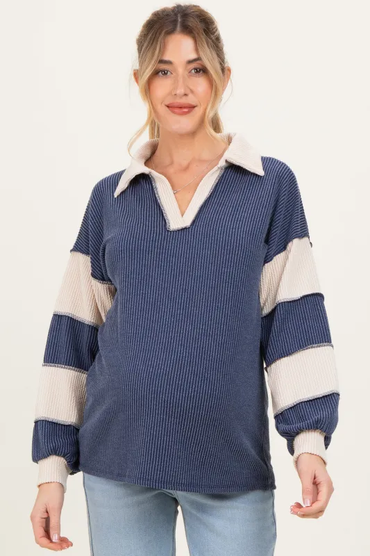 Navy Long Sleeve Collar Solid Contrast Maternity Top sold by Pinkblush