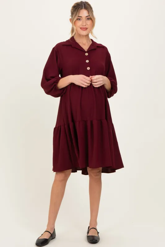 Burgundy Long Sleeve Button Down Collared Tiered Maternity Dress sold by Pinkblush