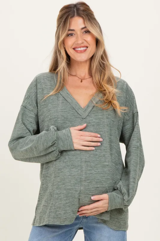 Olive Brushed Long Sleeve V-Neck Maternity Sweatshirt made by Pinkblush