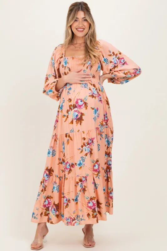Peach Floral Long Sleeve Smocked Top Tiered Maternity Maxi Dress sold by Pinkblush