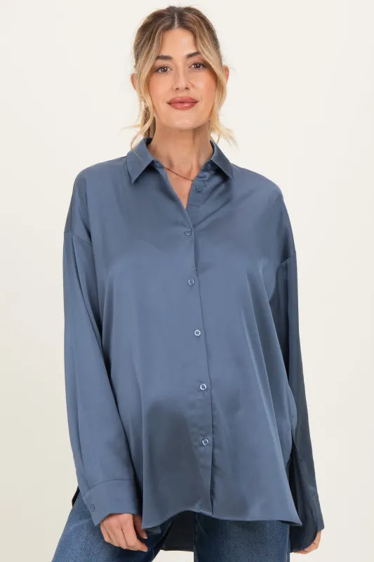Navy Long Sleeve Oversized Satin Maternity Shirt sold by Pinkblush