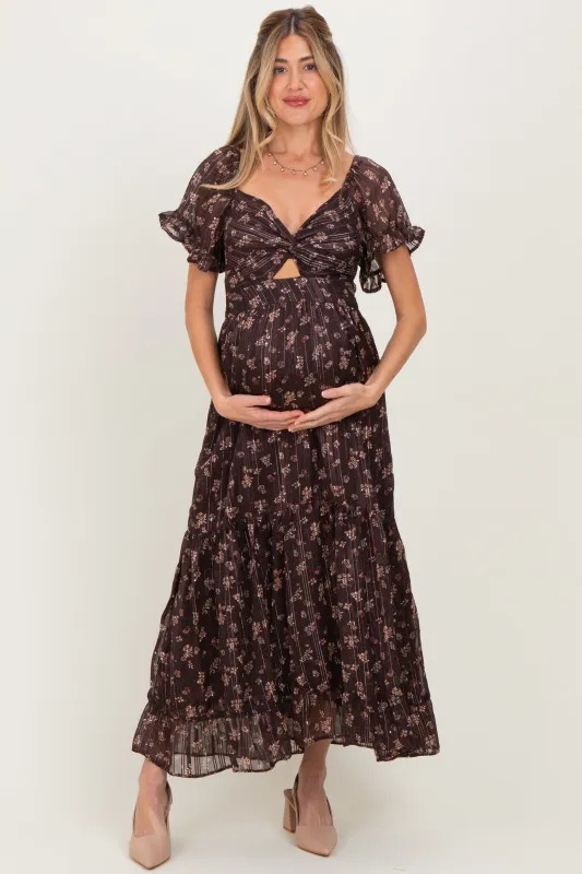 Brown Floral Stripe Twist Front Cutout Maternity Maxi Dress sold by Pinkblush