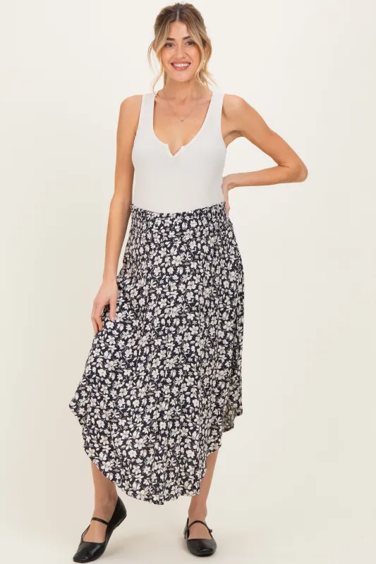 Black Floral Tulip Hem Maternity Midi Skirt sold by Pinkblush