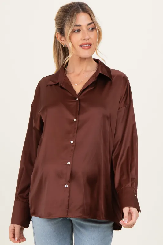 Brown Satin Button Up Maternity Blouse sold by Pinkblush
