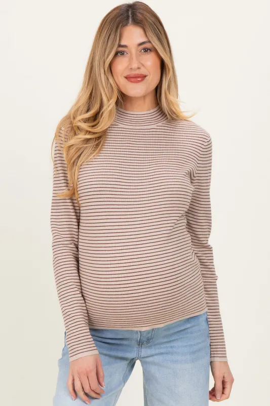 Light Taupe Pinstriped Mock Neck Maternity Knit Top sold by Pinkblush