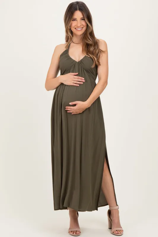 Olive Halter Neck Side Slit Maternity Midi Dress sold by Pinkblush