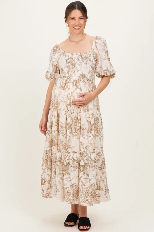 Taupe Vintage Floral Puff Sleeve Tiered Maternity Maxi Dress sold by Pinkblush