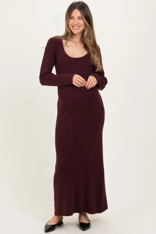 Plum Rib Knit Back Cutout Maternity Midi Dress sold by Pinkblush