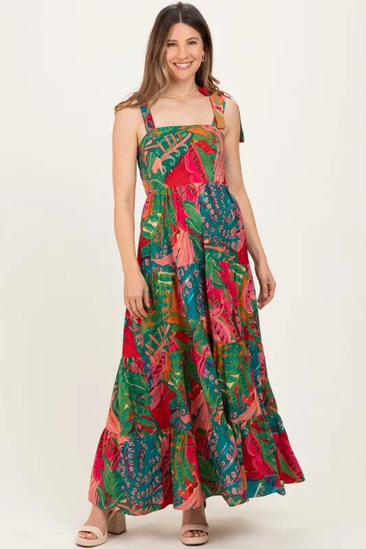 Green Printed Shoulder Tie Tiered Maternity Maxi Dress sold by Pinkblush