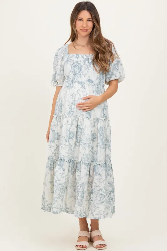 Blue Vintage Floral Puff Sleeve Tiered Maternity Maxi Dress sold by Pinkblush