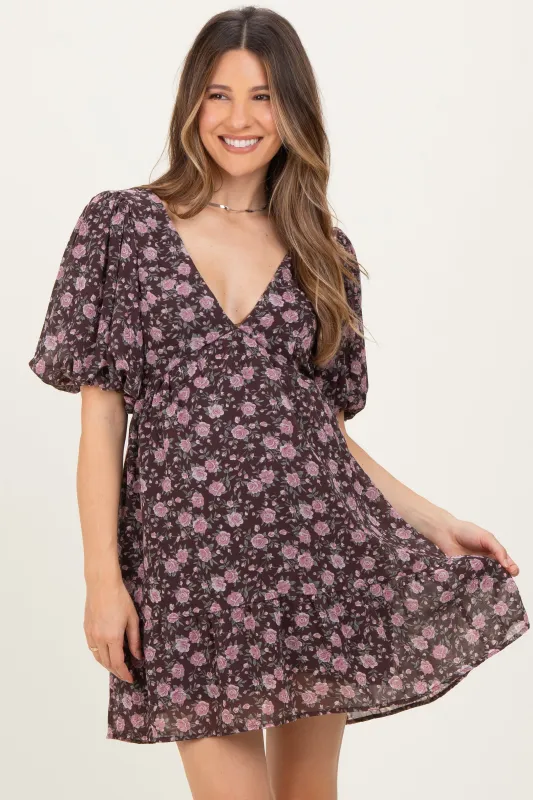 Brown Floral V-Neck Maternity Mini Dress sold by Pinkblush