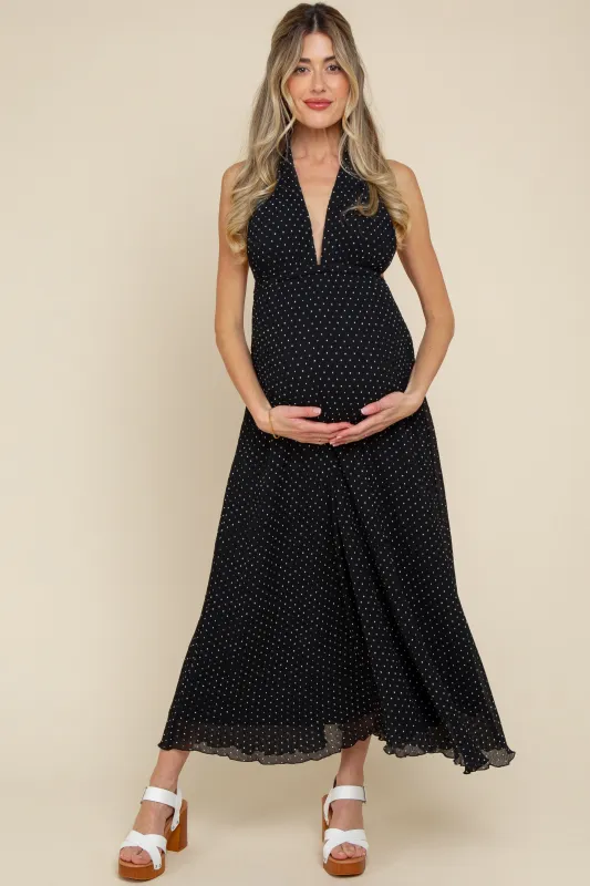 Black Polka Dot Halter Tie Open Back Maternity Maxi Dress made by Sky to Moon