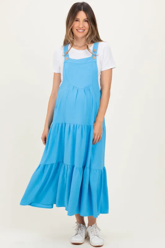 Aqua Blue Button Sling Tiered Maternity Midi Dress made by Pinkblush