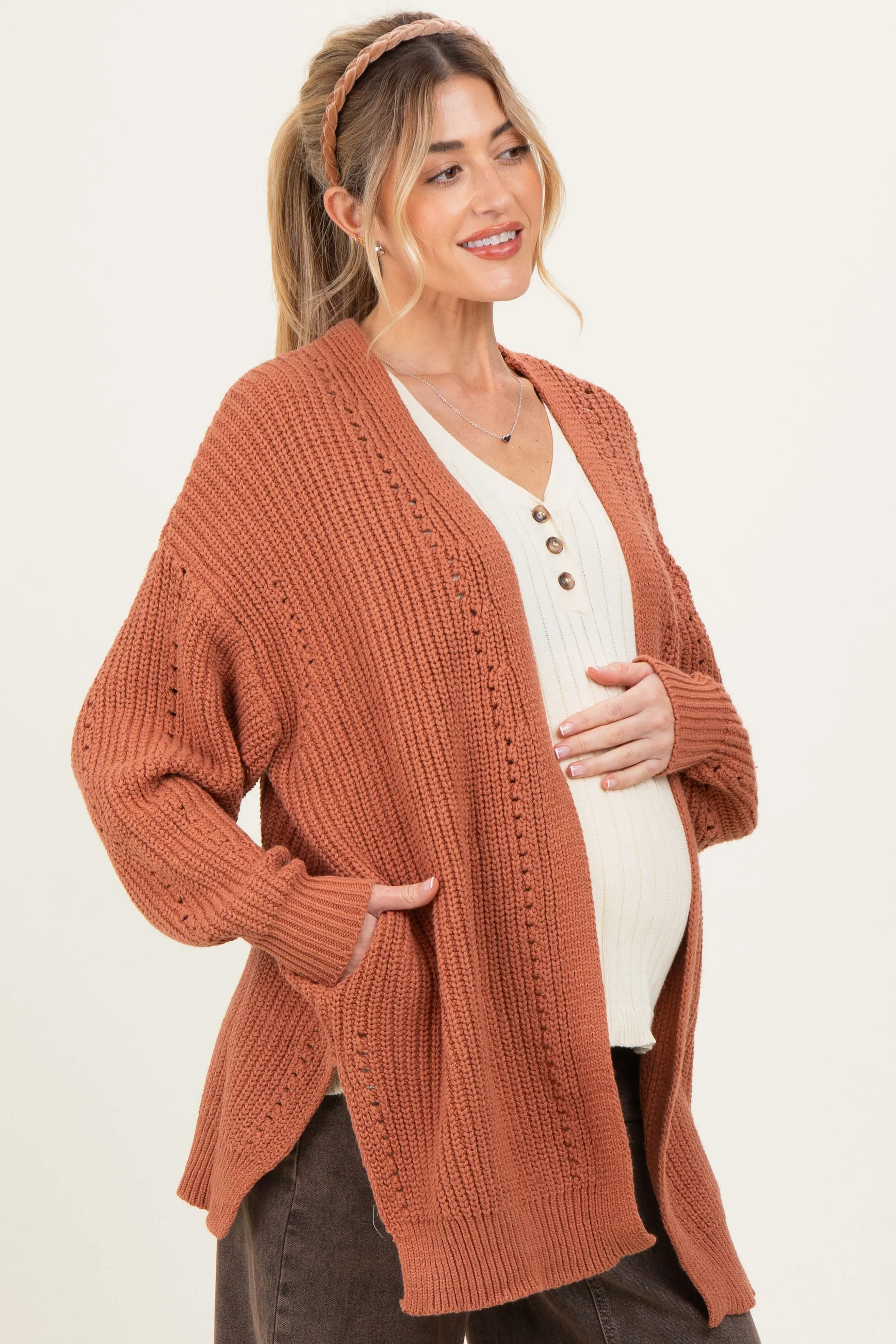 Camel Solid Long Sleeve Open Cable Maternity Cardigan sold by Pinkblush product image thumbnail 3