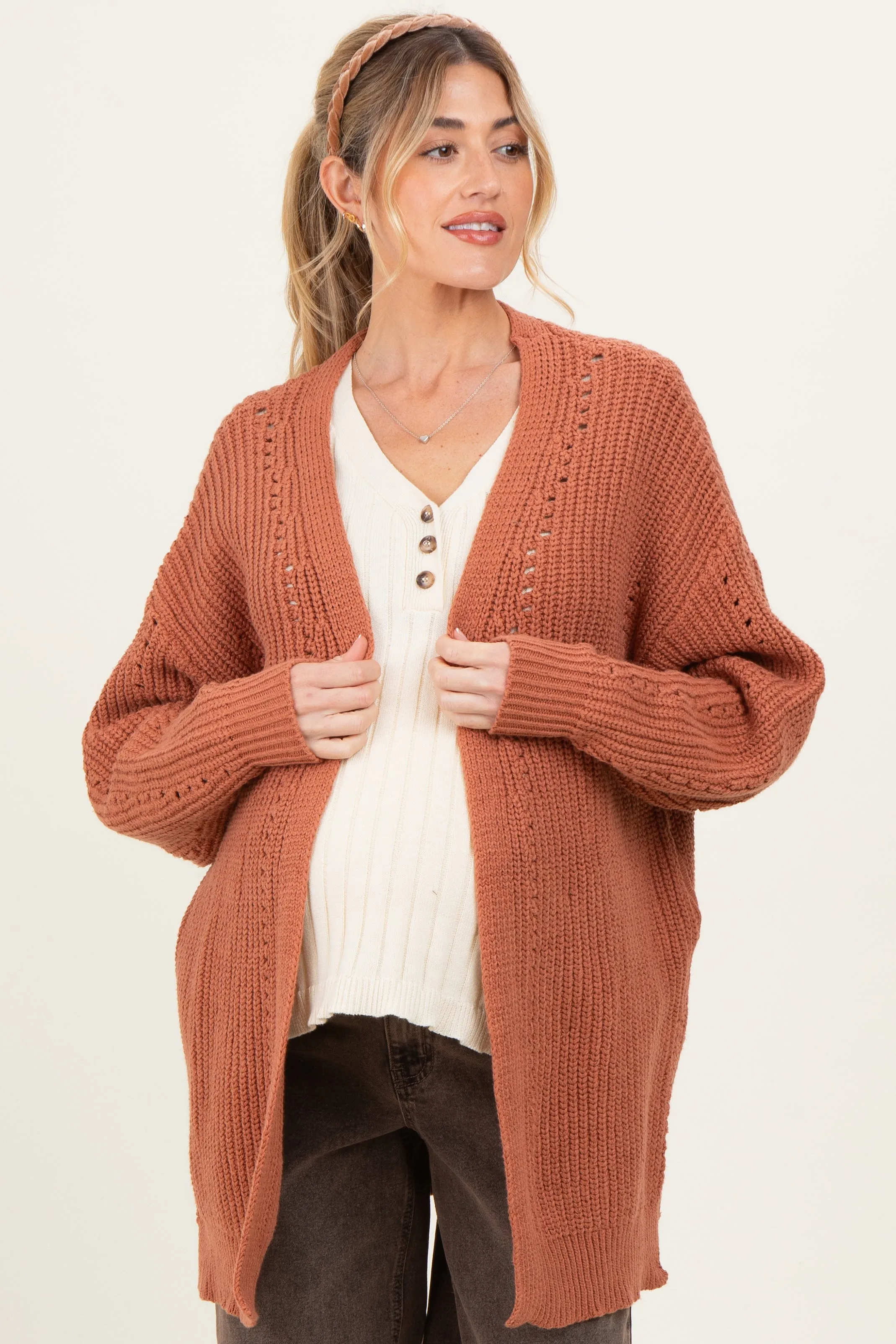 Camel Solid Long Sleeve Open Cable Maternity Cardigan sold by Pinkblush