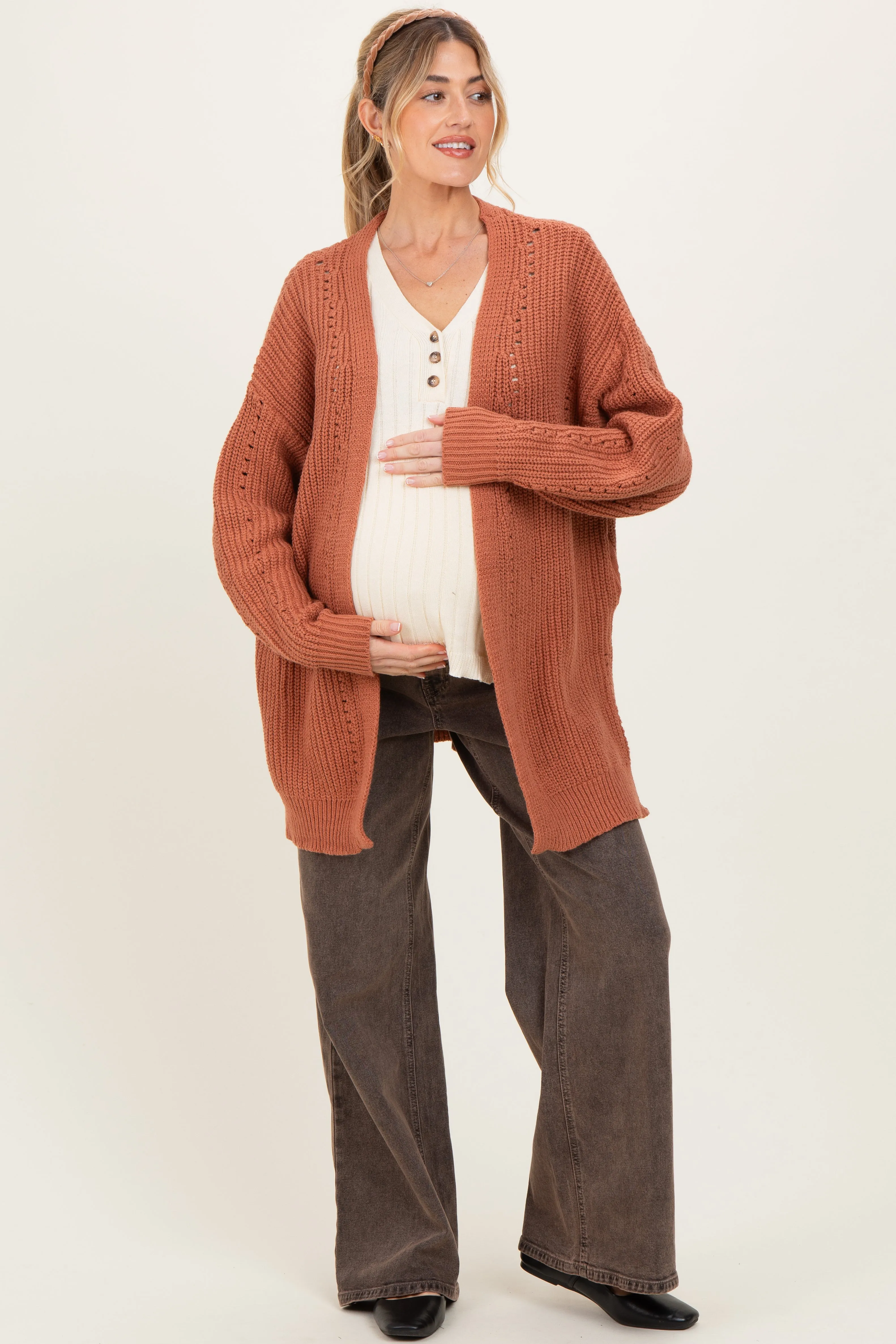 Camel Solid Long Sleeve Open Cable Maternity Cardigan sold by Pinkblush product image thumbnail 2