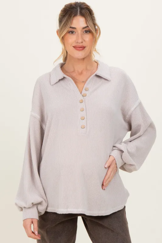 Oatmeal Solid Ribbed Long Sleeve Button Down Collared Maternity Top sold by Pinkblush