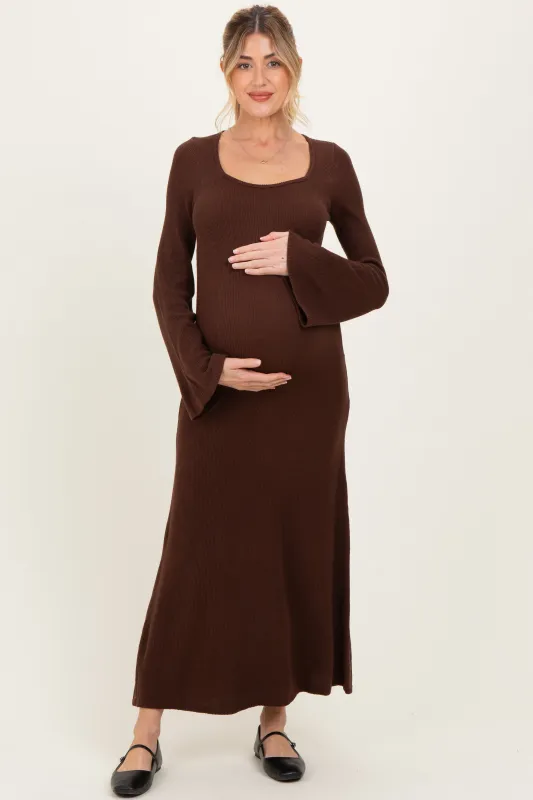 Brown Solid Ribbed Long Sleeve Square Neck Maternity Maxi Dress sold by Pinkblush