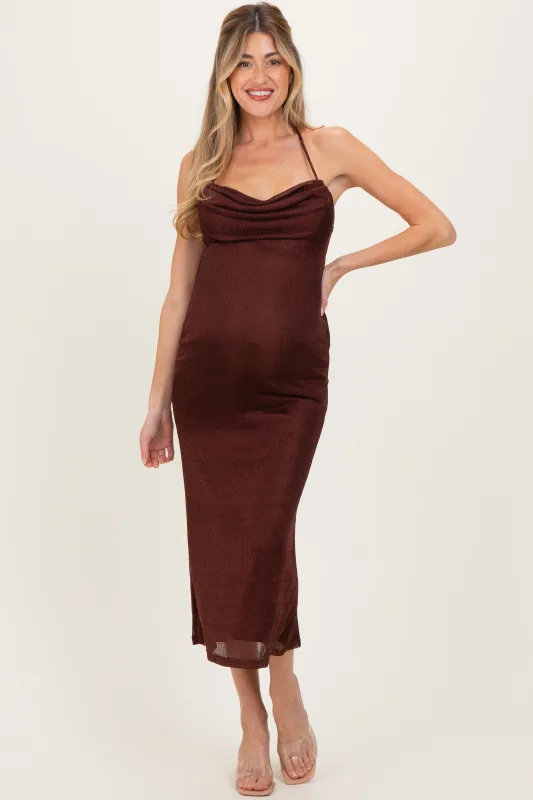Burgundy Satin Halter Maternity Midi Dress sold by Pinkblush