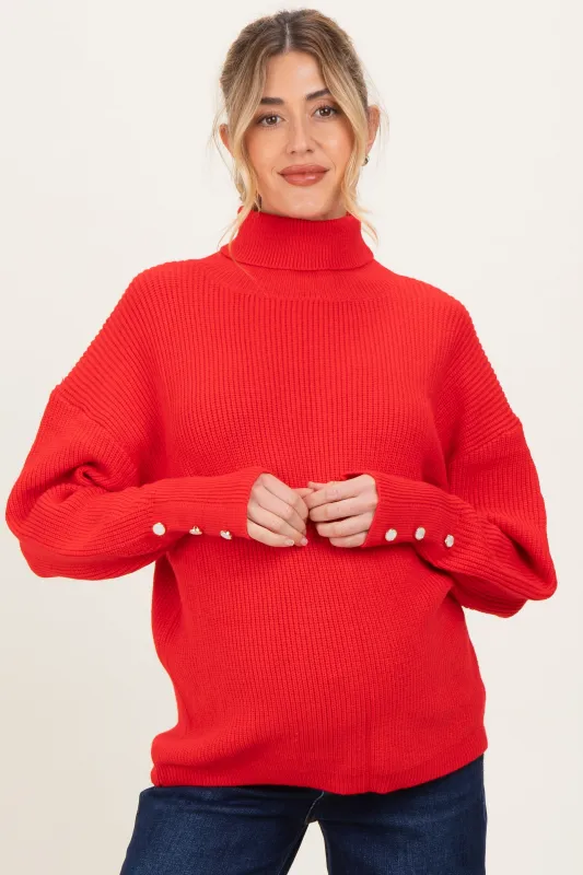 Red Button Accent Turtleneck Maternity Sweater sold by Pinkblush