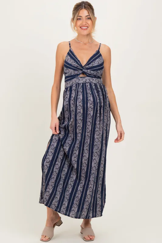 Navy Floral Stripe Twisted Front Maternity Maxi Dress sold by Pinkblush