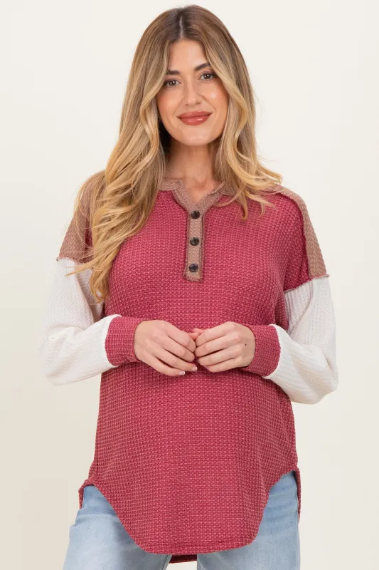 Burgundy Colorblock Relaxed Waffle Knit Maternity Henley sold by Pinkblush