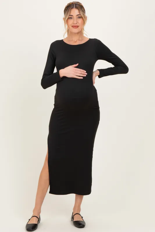 Black Boat Neck Fitted Long Sleeve Side Slit Maternity Maxi sold by Pinkblush
