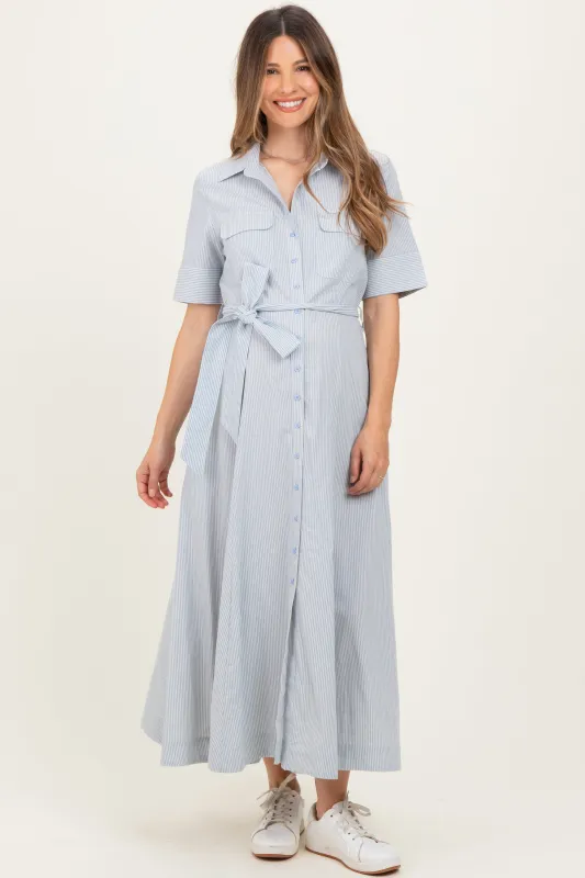 Light Blue Striped Cotton Button Down Maternity Maxi Dress sold by Pinkblush