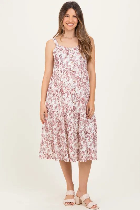 Burgundy Floral Button Down Tiered Maternity Dress sold by Pinkblush