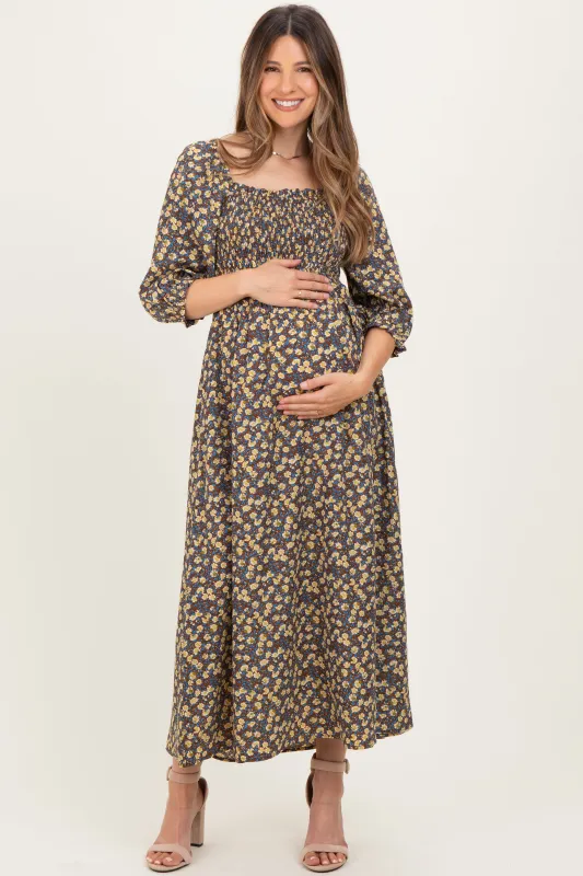 Chestnut Floral Print Smocked Bodice Maternity Maxi Dress sold by Pinkblush