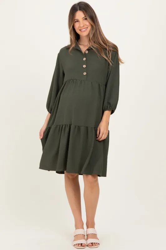 Olive Long Sleeve Button Down Collared Tiered Maternity Dress sold by Pinkblush