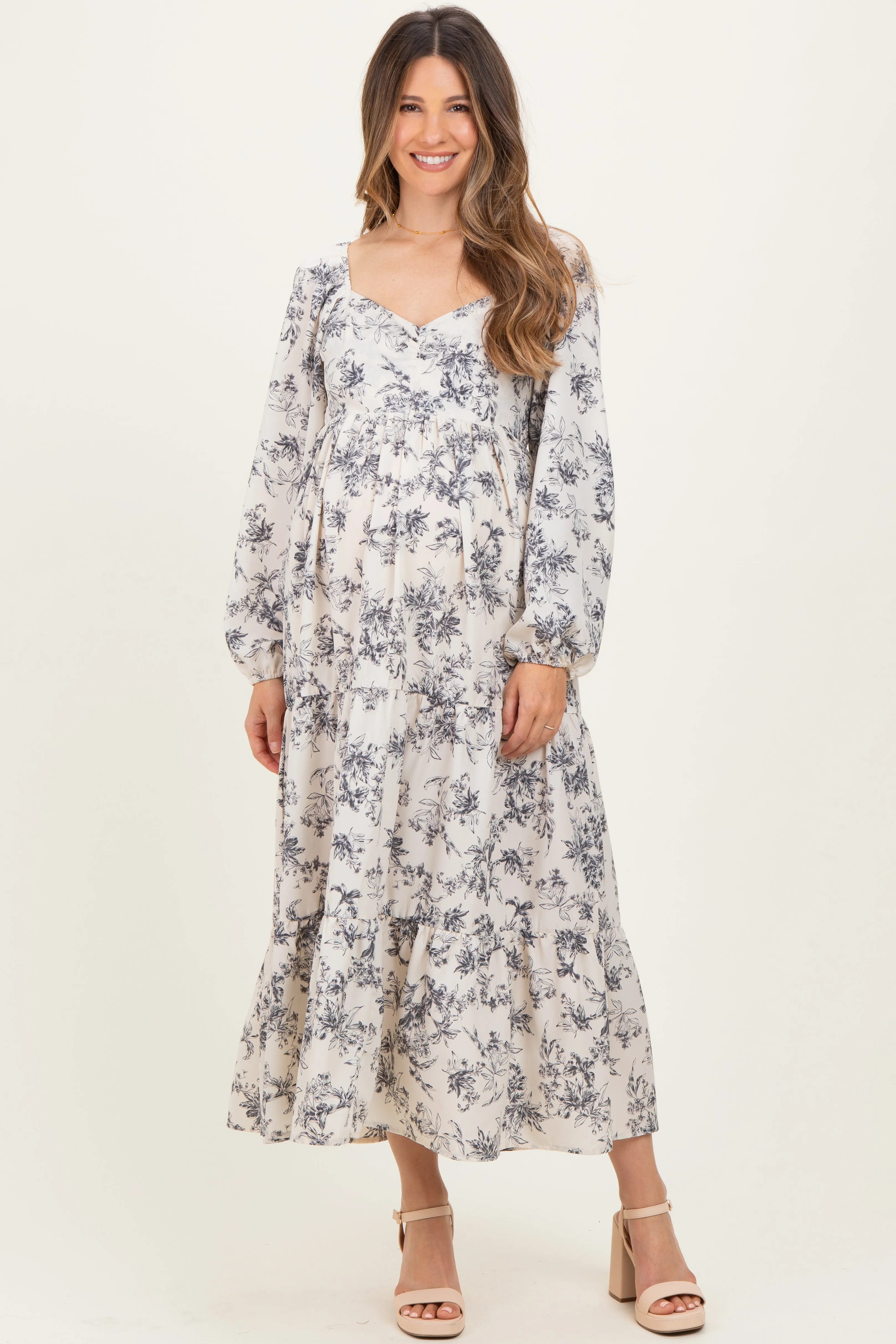 Cream Antique Floral Neck Maternity Maxi Dress sold by Pinkblush