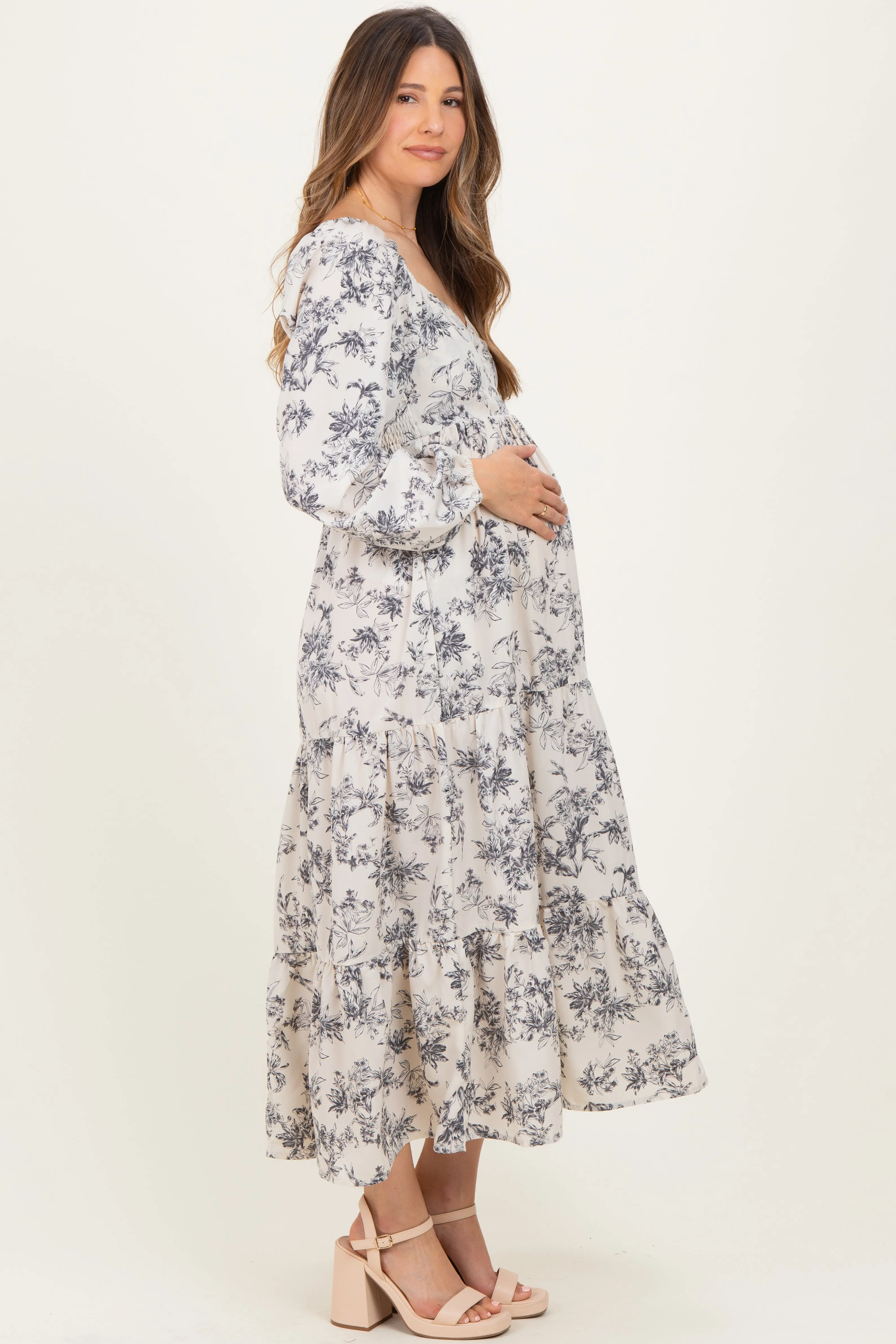 Cream Antique Floral Neck Maternity Maxi Dress sold by Pinkblush product image thumbnail 2