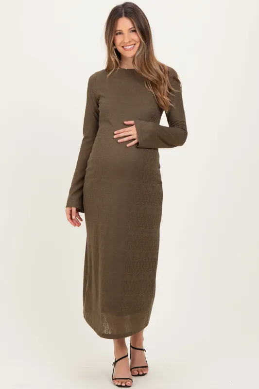 Olive Lace Jacquard Long Sleeve Maternity Midi Dress sold by Pinkblush
