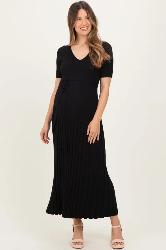 Black Ribbed Short Sleeve Maternity Knit Maxi Dress sold by Pinkblush